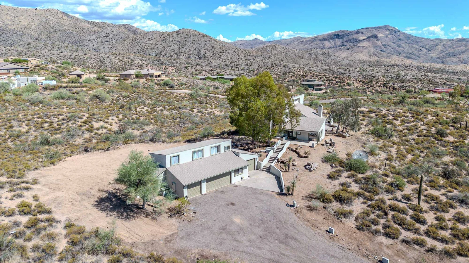 Aerial view of custom homes scattered across high desert hillsides, photographed for a Desert Mountain listing in Scottsdale, AZ