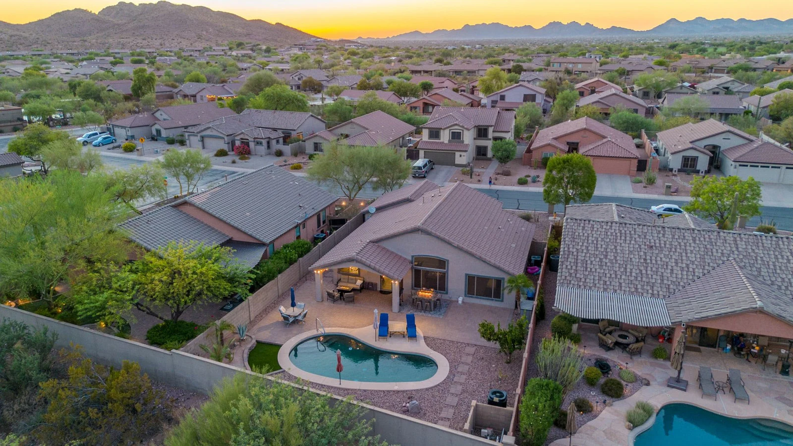 Aerial view Gold Canyon home pool sunset real estate photography Gold Canyon AZ | The Listing Bees