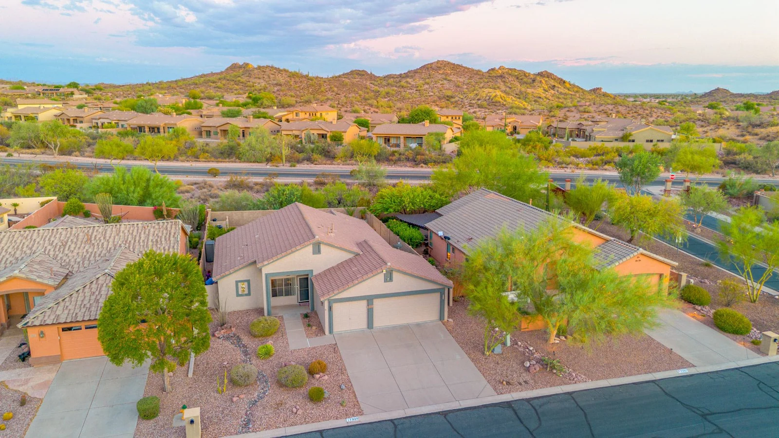 Aerial view houses desert landscape mountains real estate photography Gold Canyon AZ | The Listing Bees