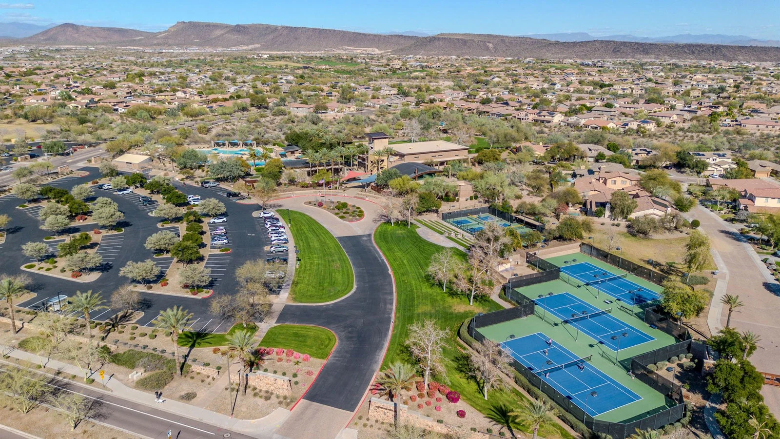 Aerial view Peoria community tennis courts homes real estate photography Peoria AZ | The Listing Bees
