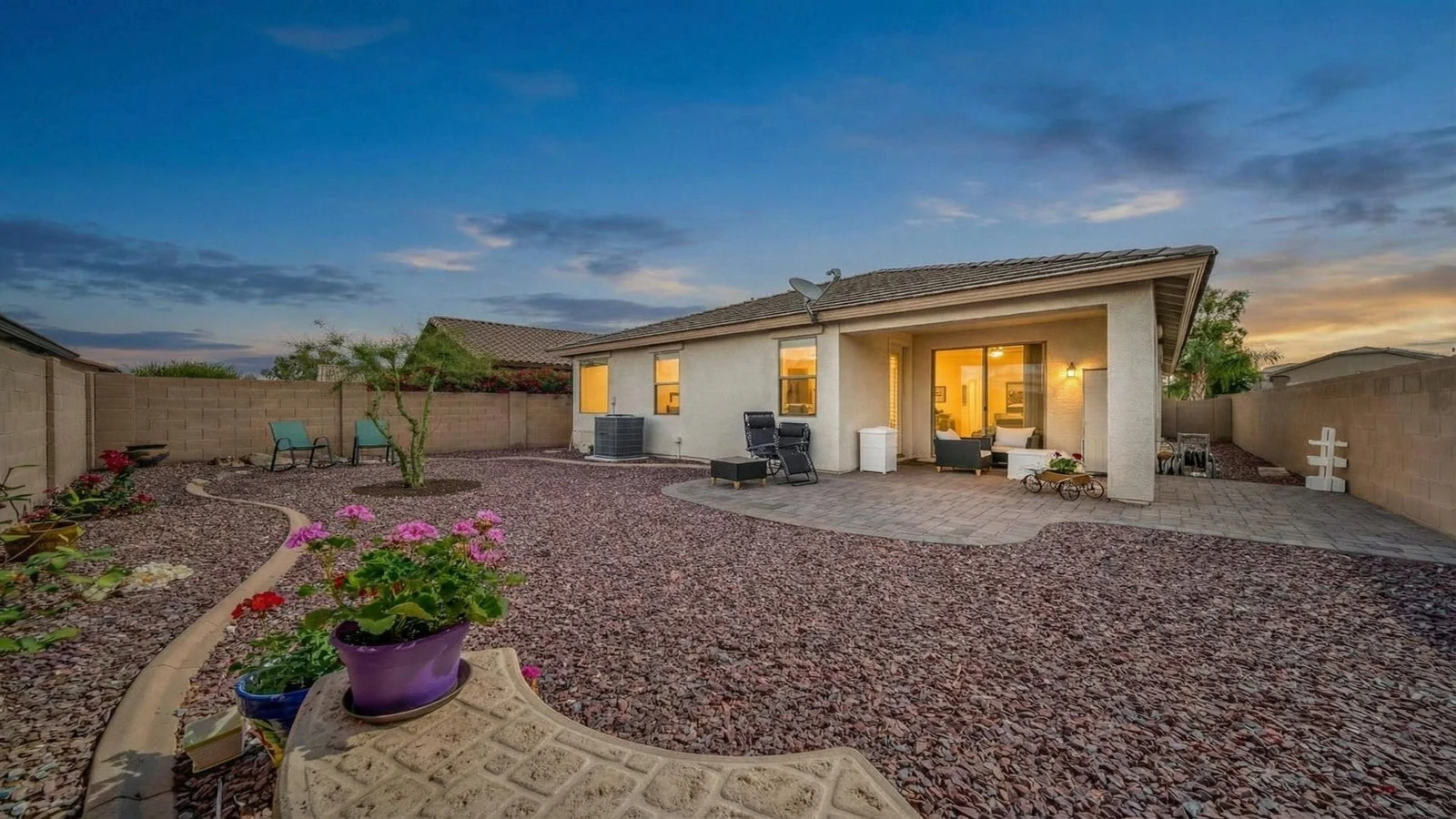 Backyard patio gravel subtle lighting dusk real estate photography Surprise AZ | The Listing Bees