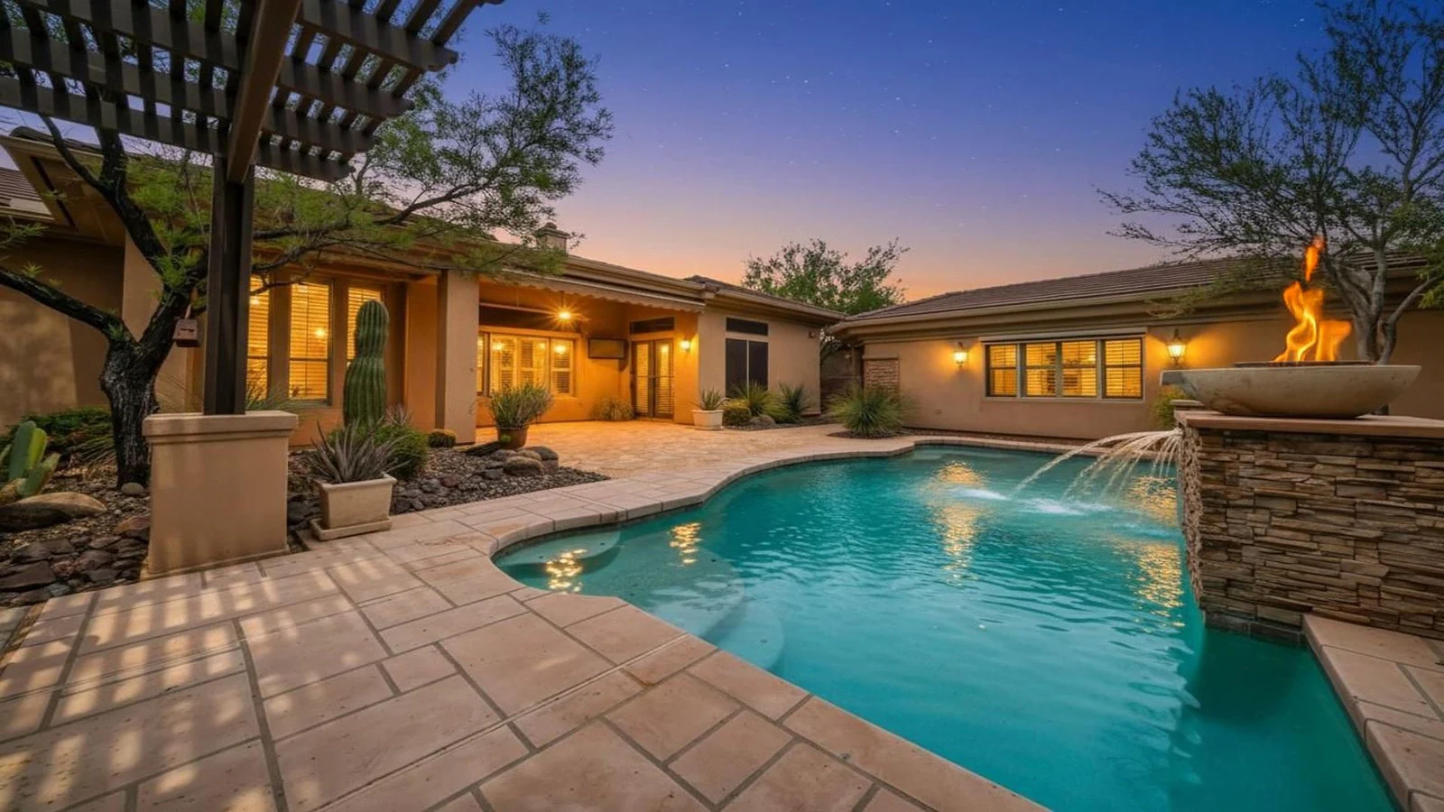 Backyard pool fire pit dusk real estate photography Anthem AZ | The Listing Bees