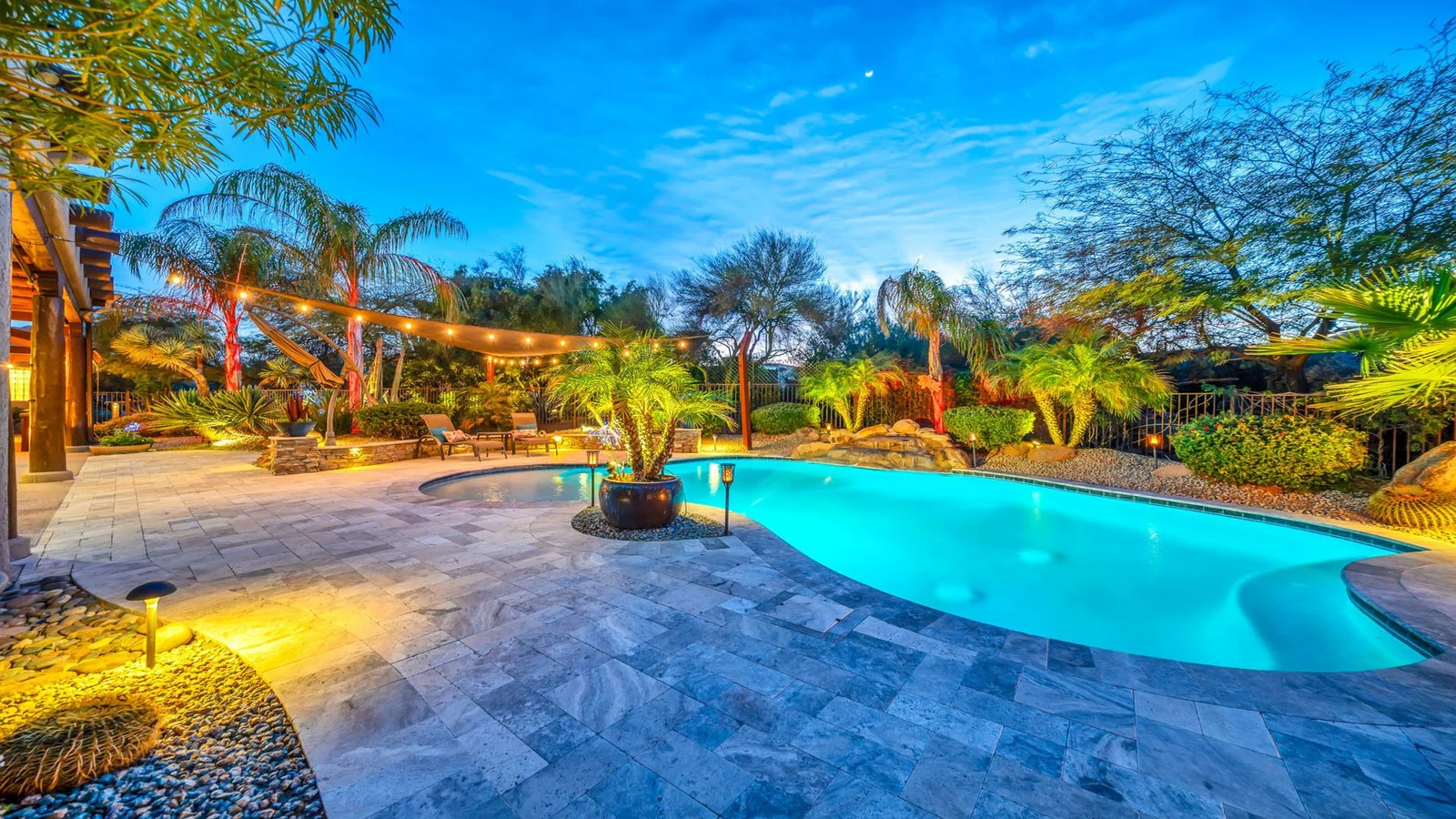 Backyard pool palm trees twilight real estate photography Rio Verde AZ | The Listing Bees