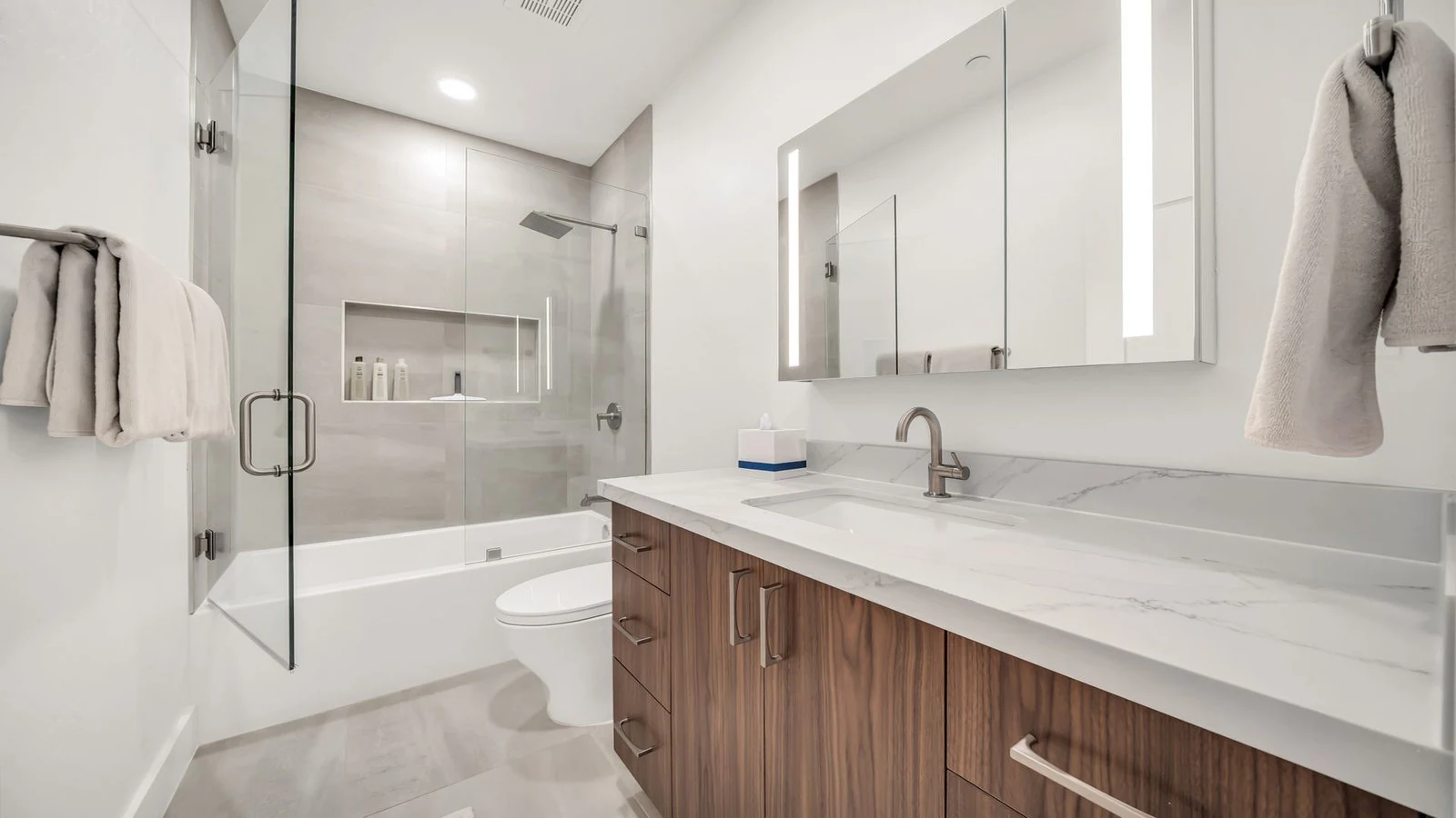 Bathroom white shower wood vanity real estate photography Anthem AZ | The Listing Bees