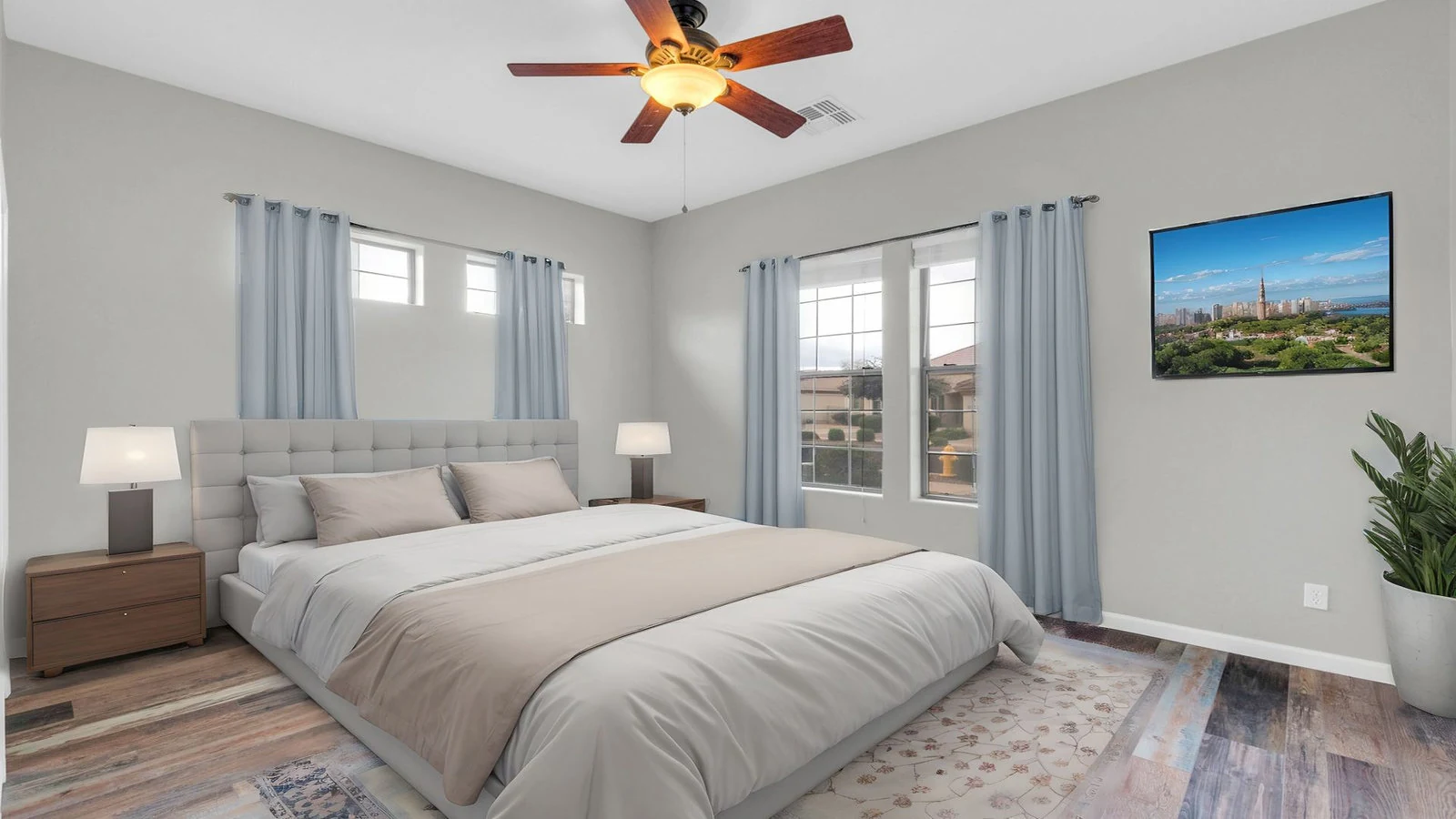 Bedroom nightstands lamps blue curtains real estate photography Queen Creek AZ | The Listing Bees