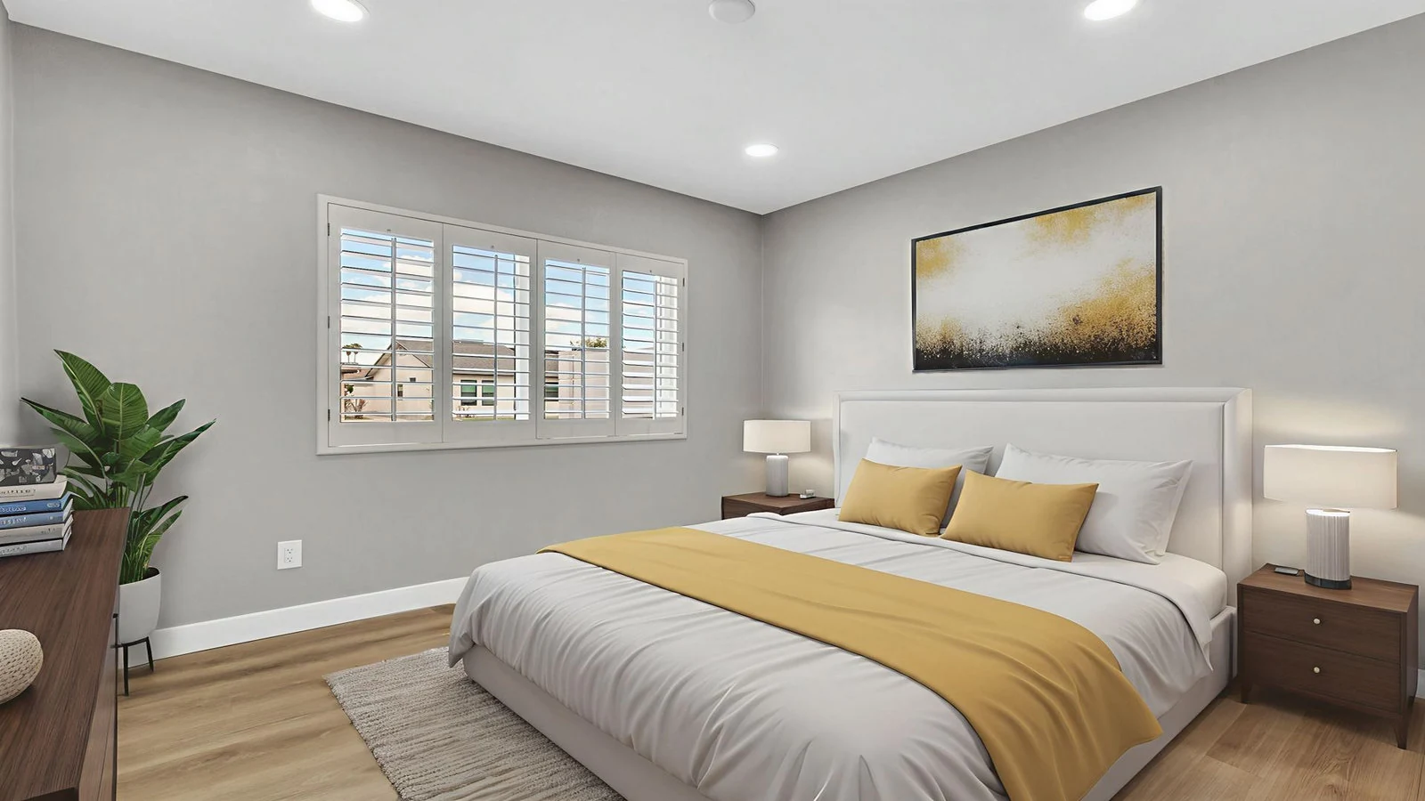 Bright bedroom white bed yellow throw real estate photography Tempe AZ | The Listing Bees