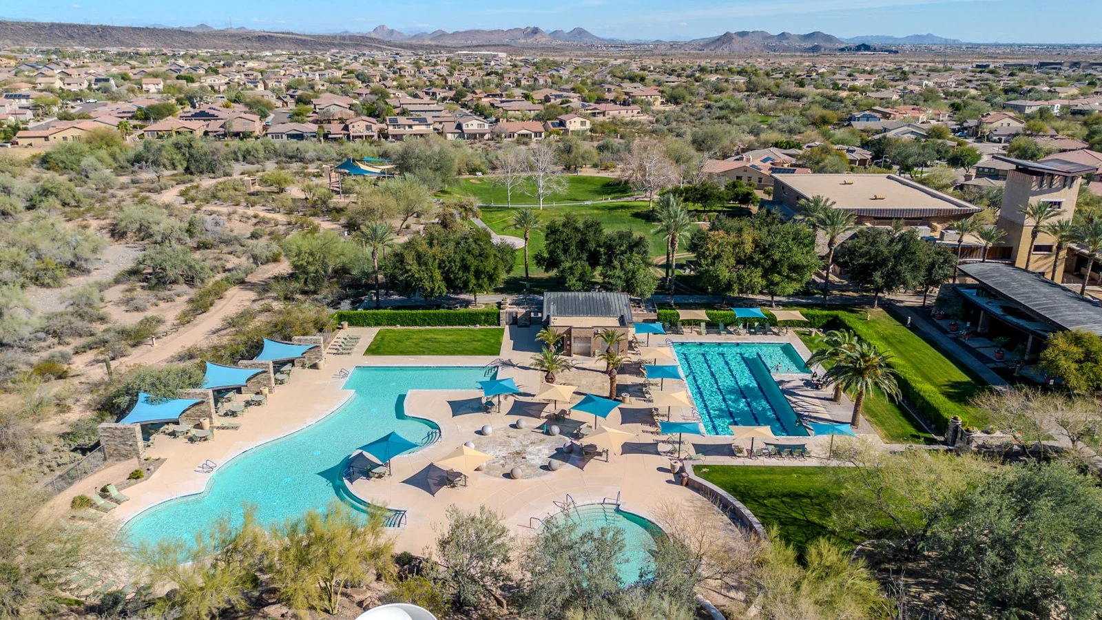 Community resort pools lounge chairs homes real estate photography Peoria AZ | The Listing Bees