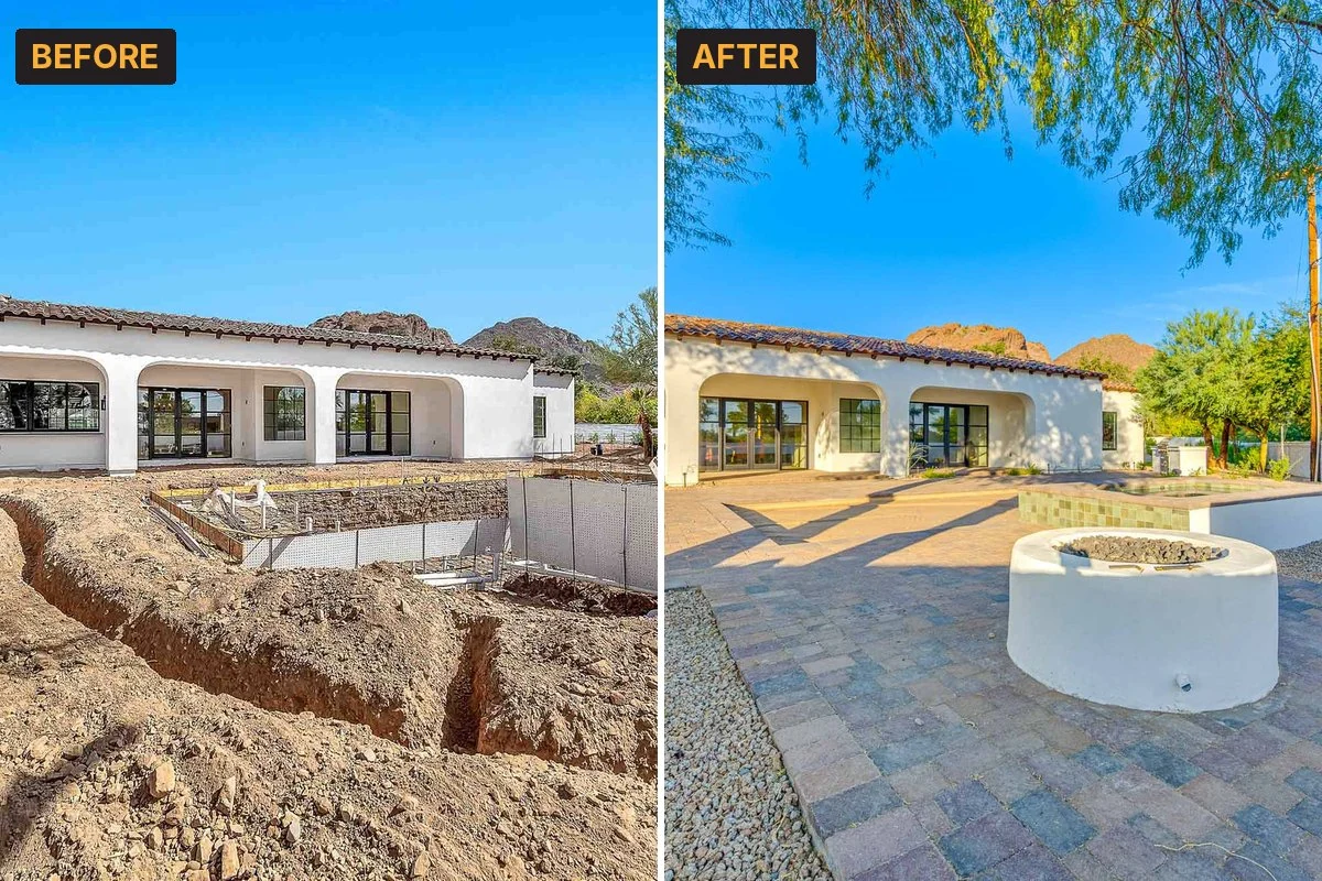 Backyard before and after from the same angle: open trenches, then pavers and a fire pit, Phoenix