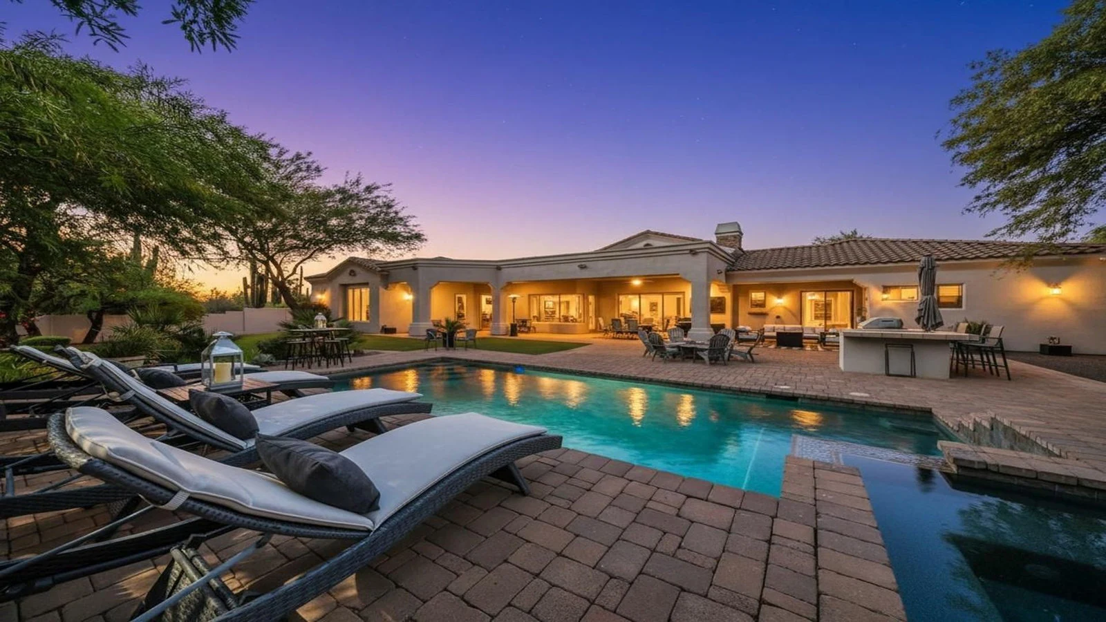 Dusk view house backyard swimming pool lounge chairs real estate photography Scottsdale AZ | The Listing Bees