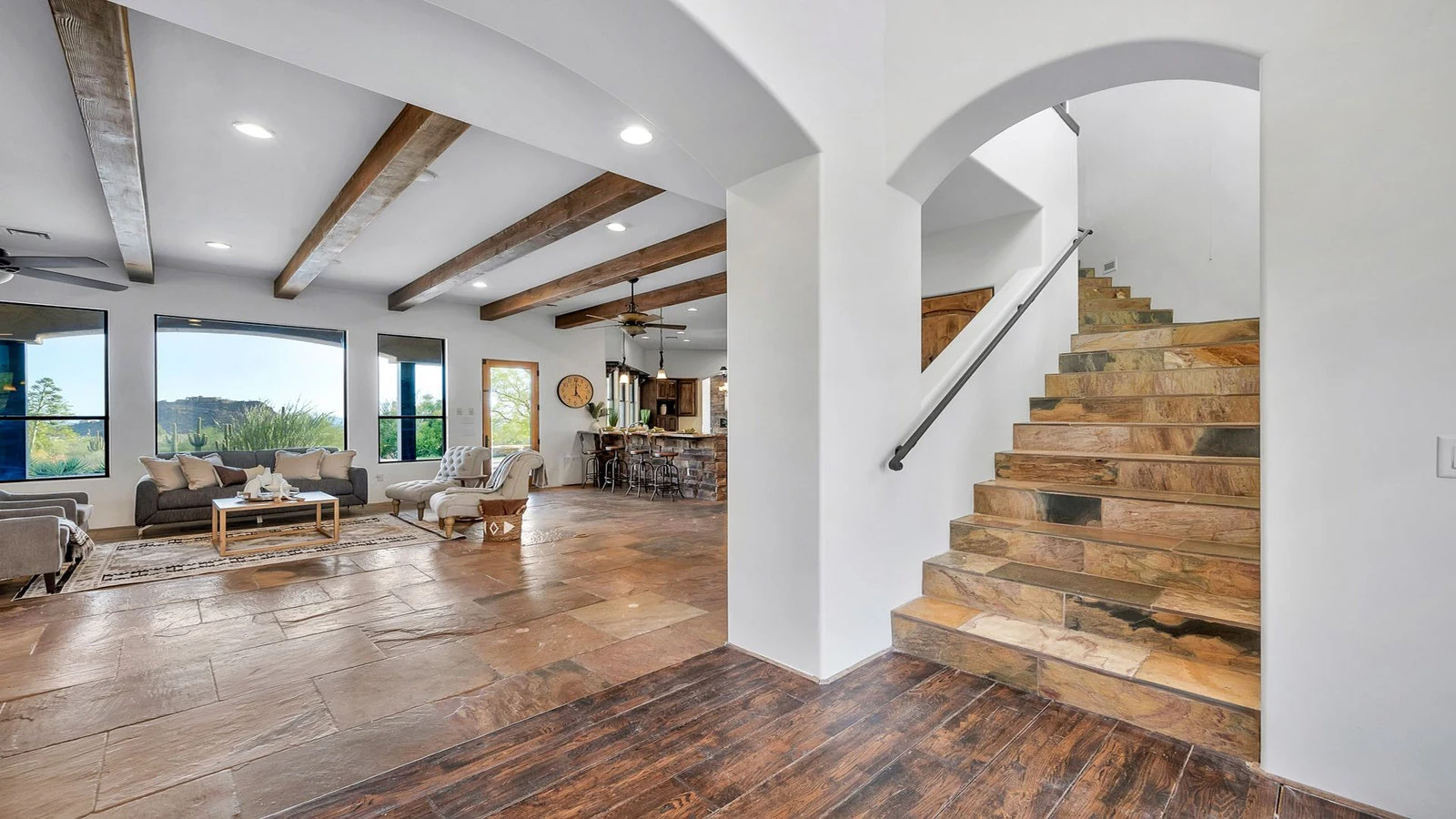 Living room wood beams staircase real estate photography Gold Canyon AZ | The Listing Bees