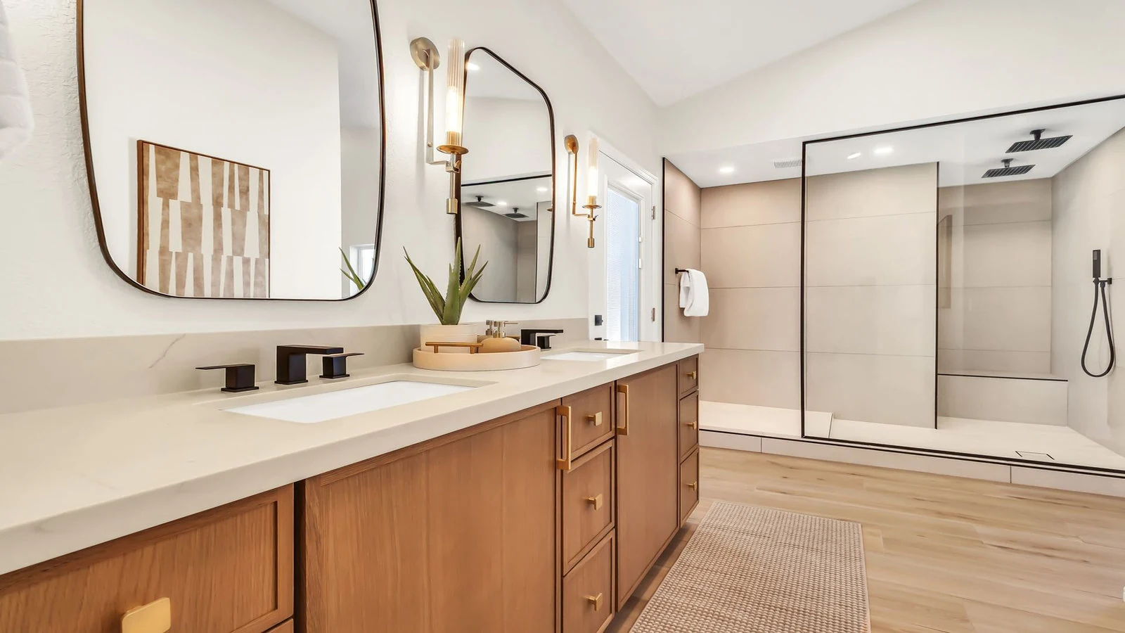 Modern bathroom double vanity walk-in shower real estate photography Tempe AZ | The Listing Bees