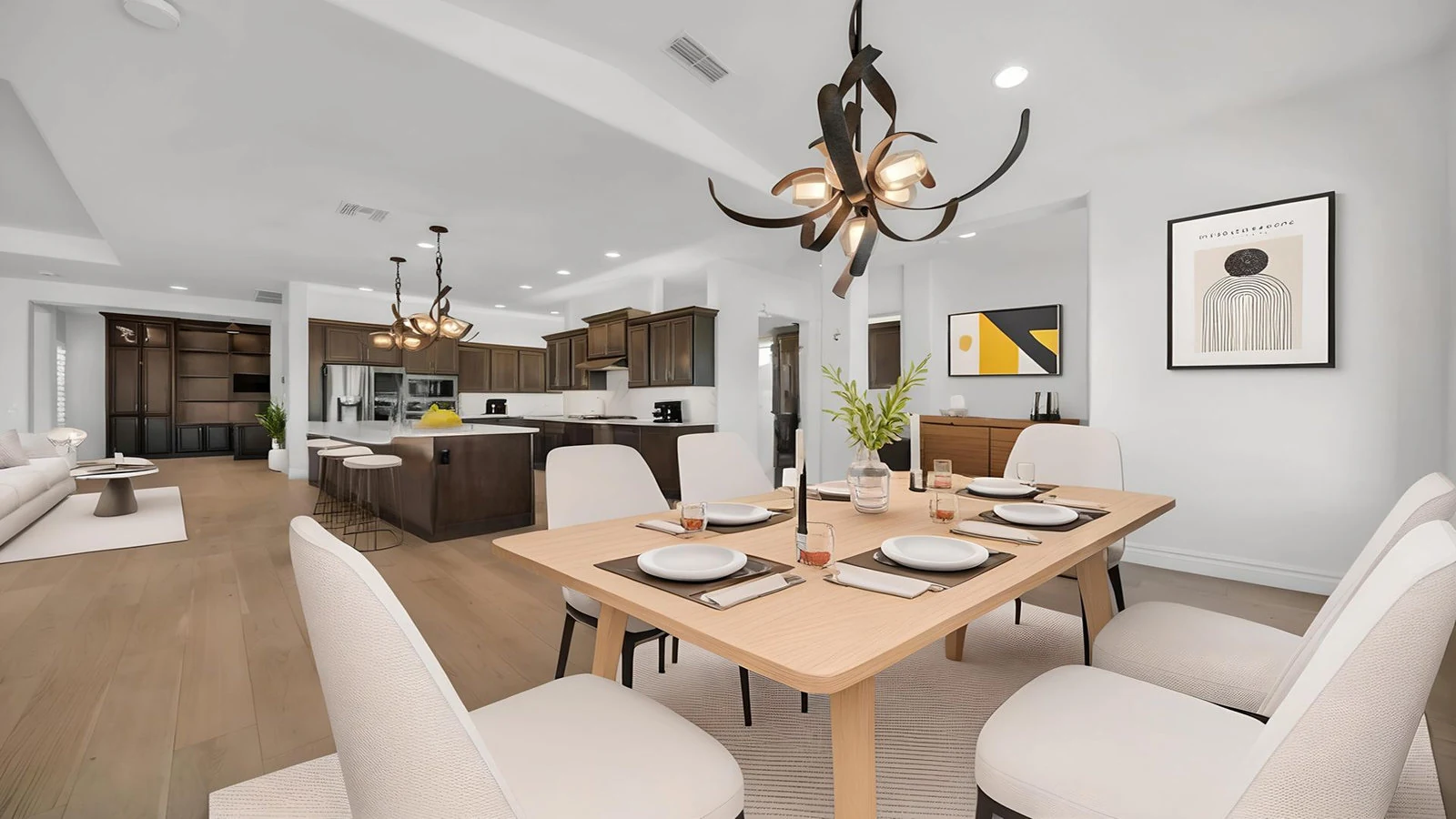 Modern dining room and kitchen in open plan home