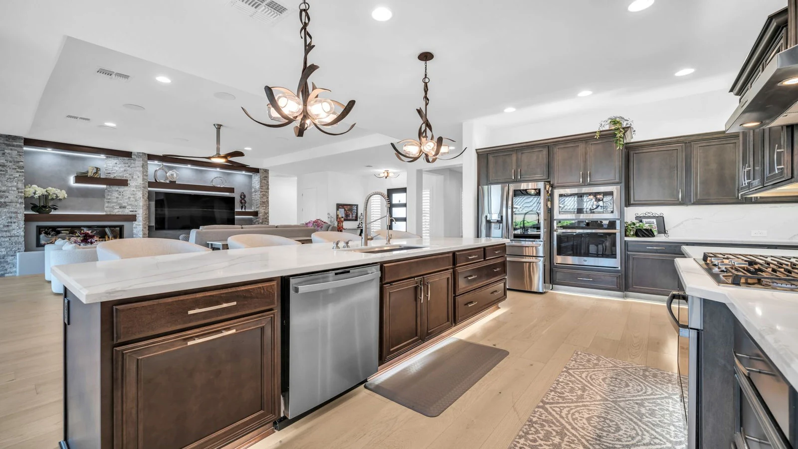 Modern open-concept kitchen with island and living room