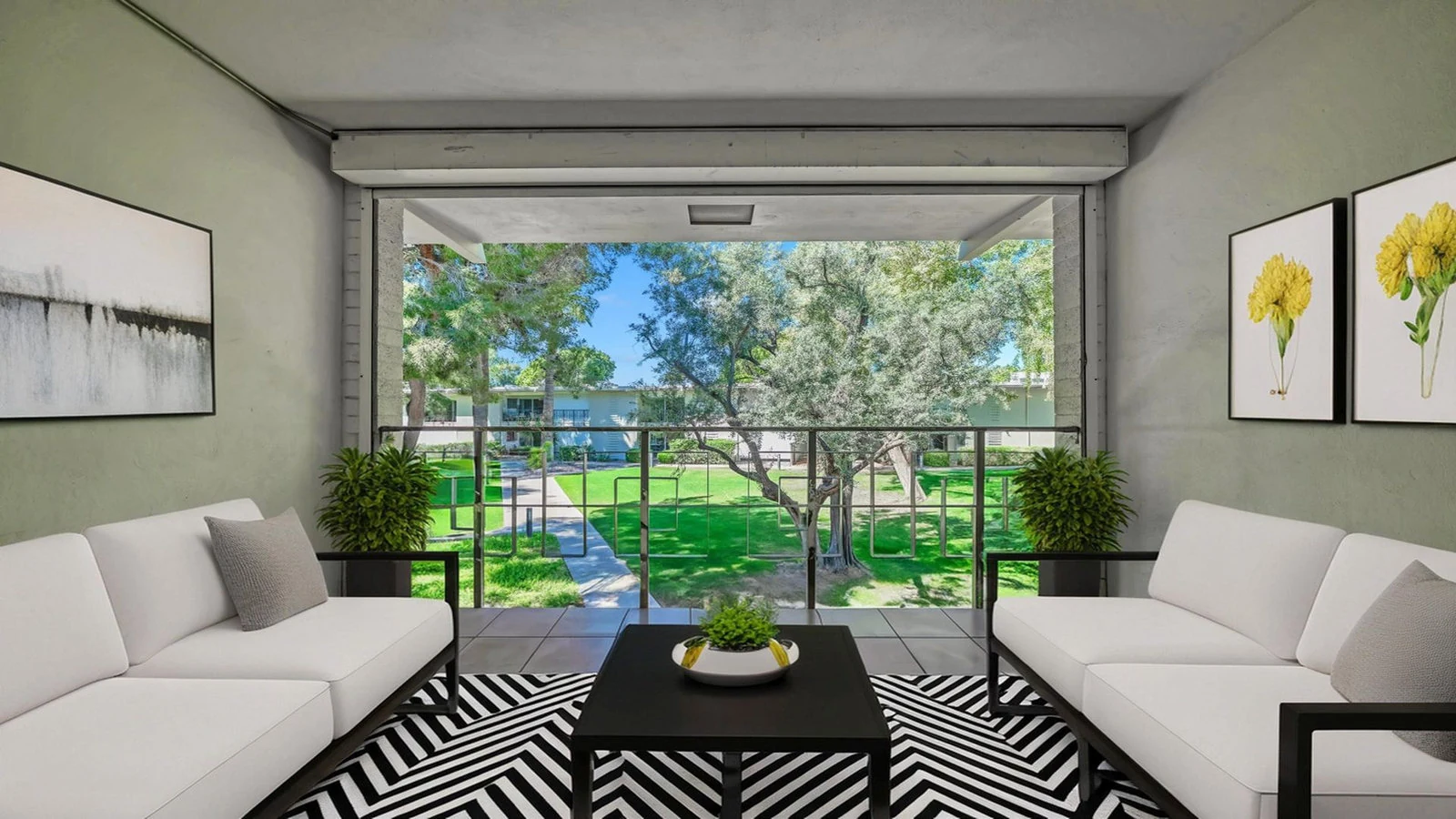 Modern Scottsdale patio white sofas garden view real estate photography Scottsdale AZ | The Listing Bees