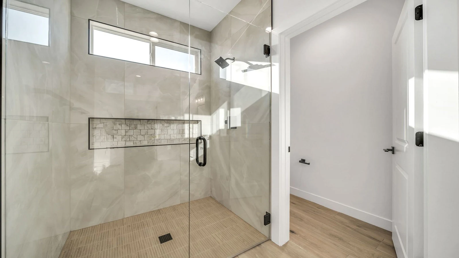 Modern walk-in shower glass enclosure real estate photography Surprise AZ | The Listing Bees