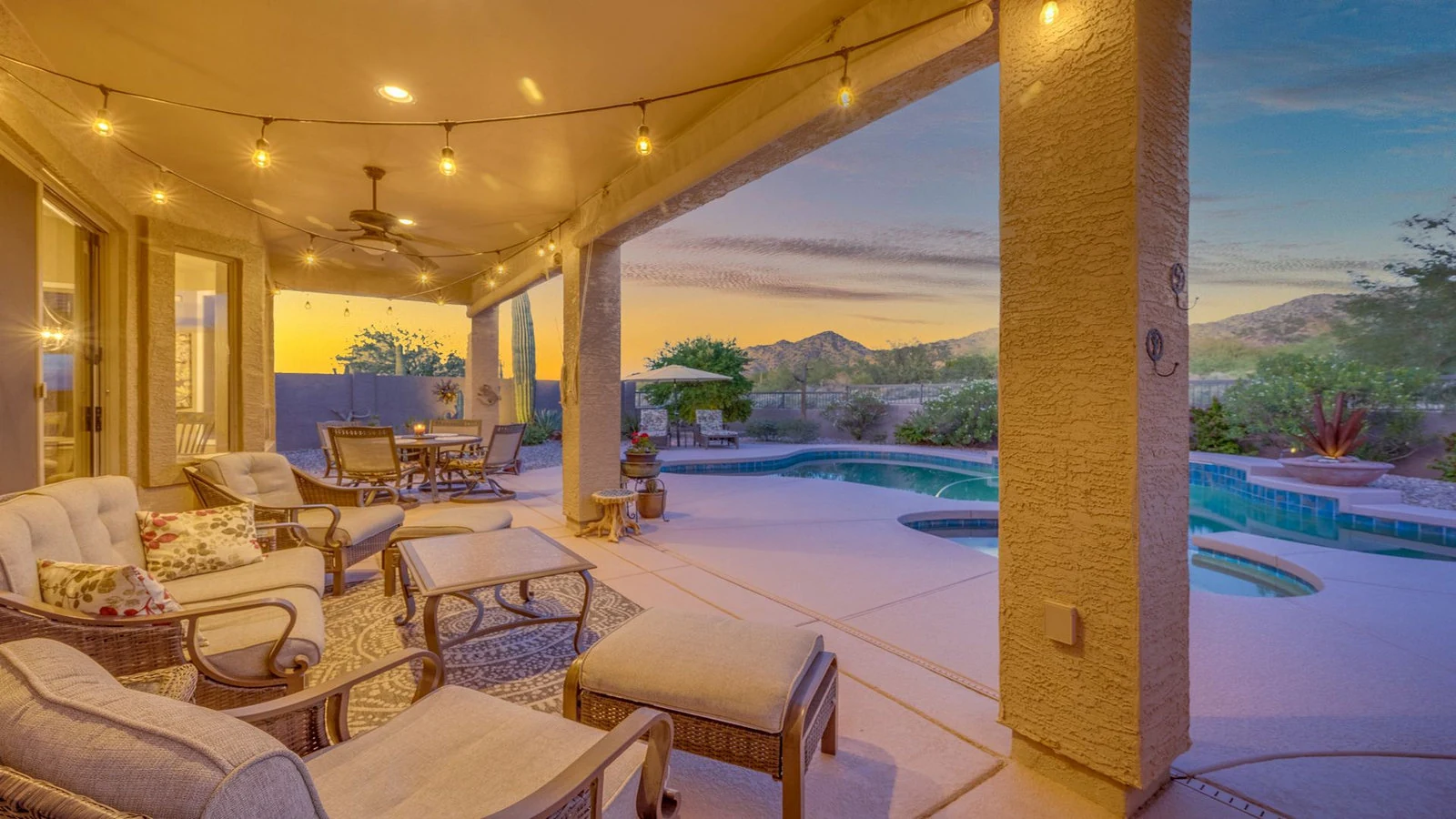 Covered patio and pool at sunset, East Mesa real estate photography