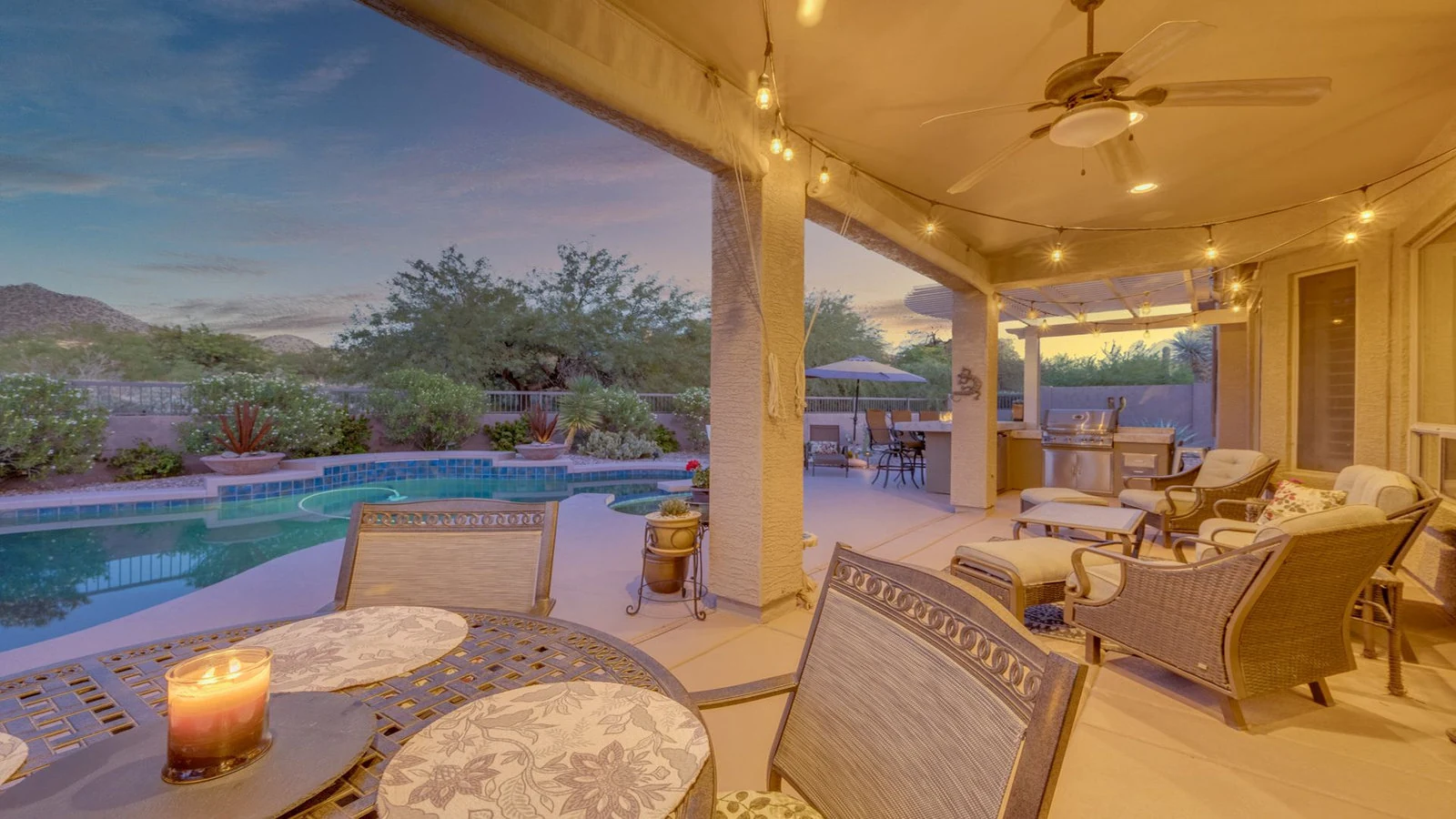 Outdoor patio string lights pool real estate photography Gold Canyon AZ | The Listing Bees