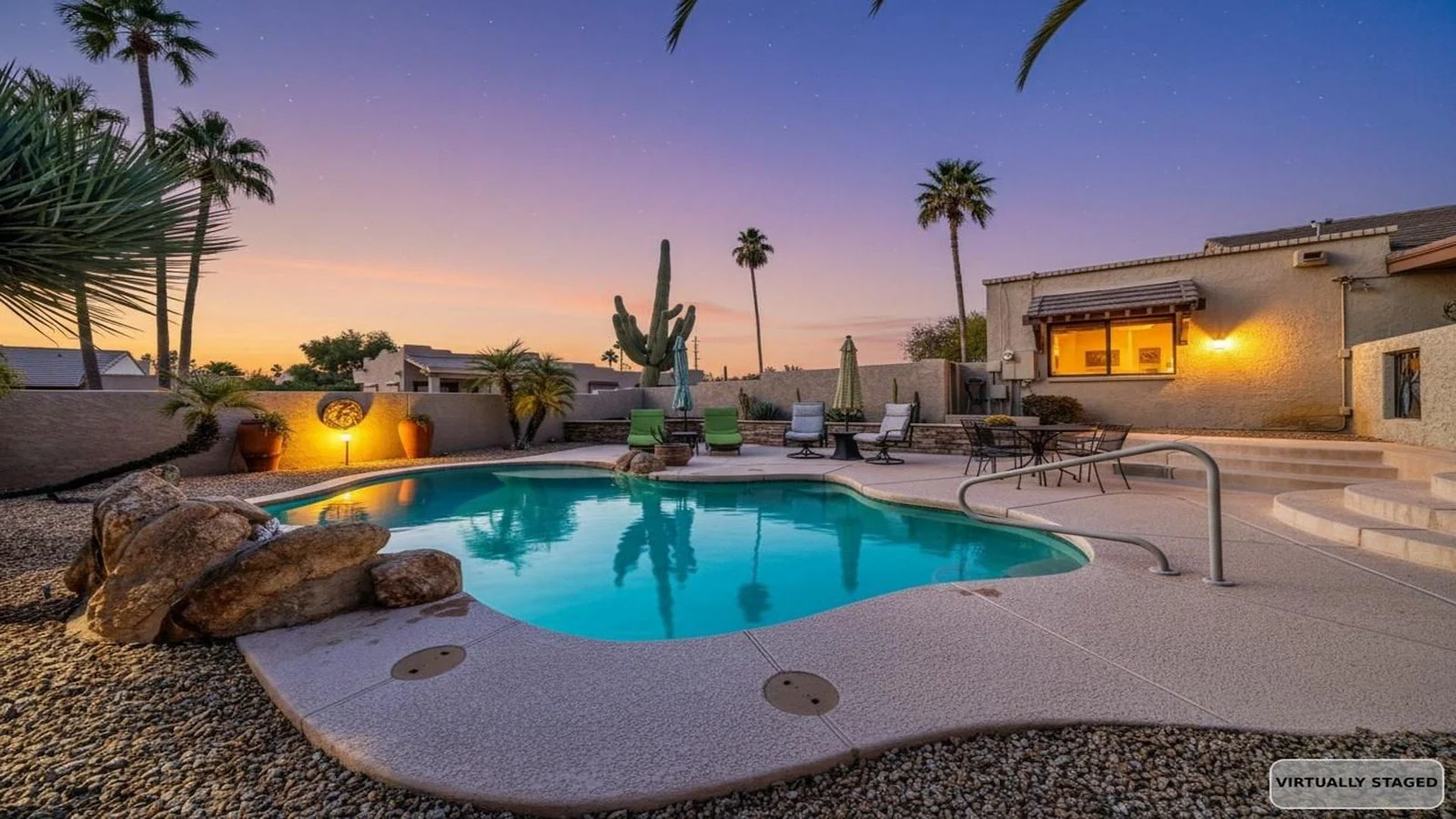 Pool desert landscaping dusk real estate photography Rio Verde AZ | The Listing Bees