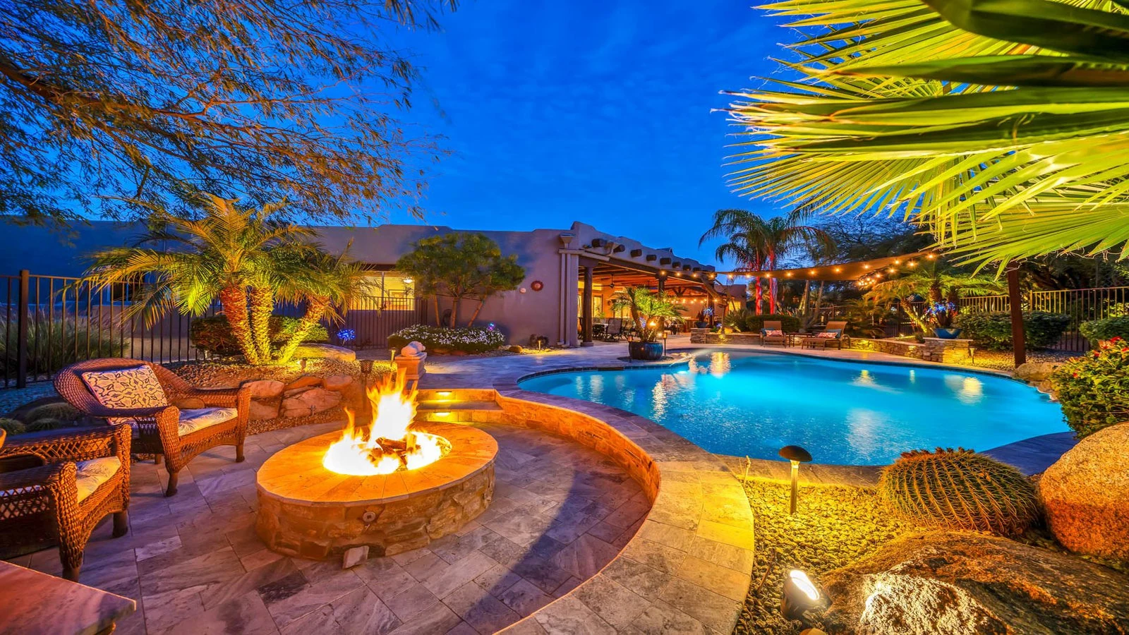 Pool fire pit patio dusk real estate photography Rio Verde AZ | The Listing Bees