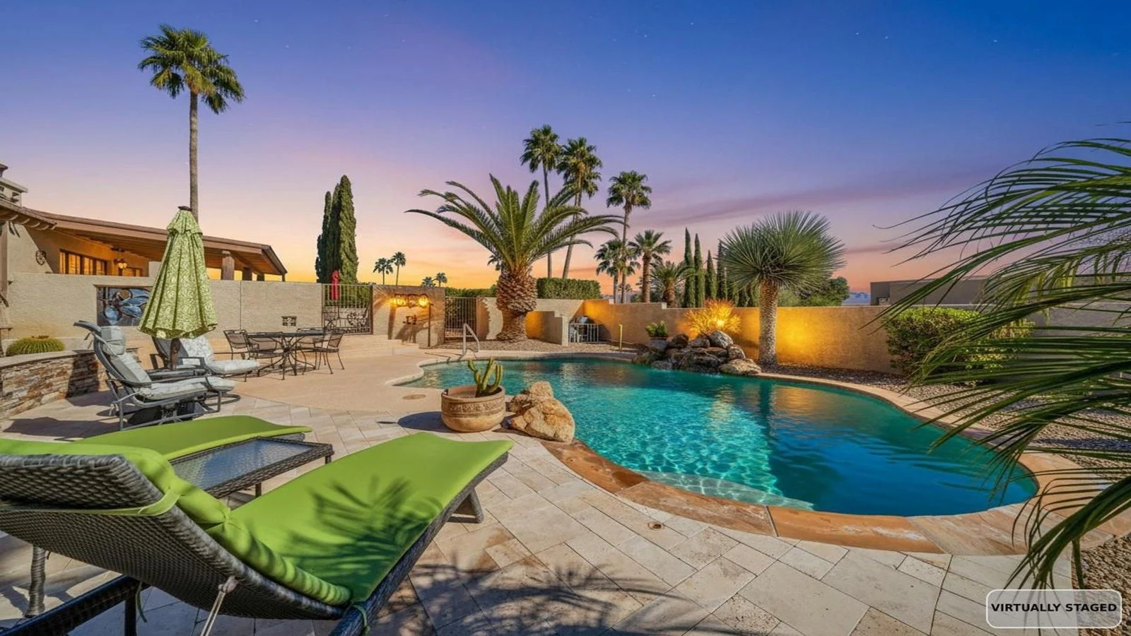 Pool lounge chairs palm trees sunset real estate photography Rio Verde AZ | The Listing Bees