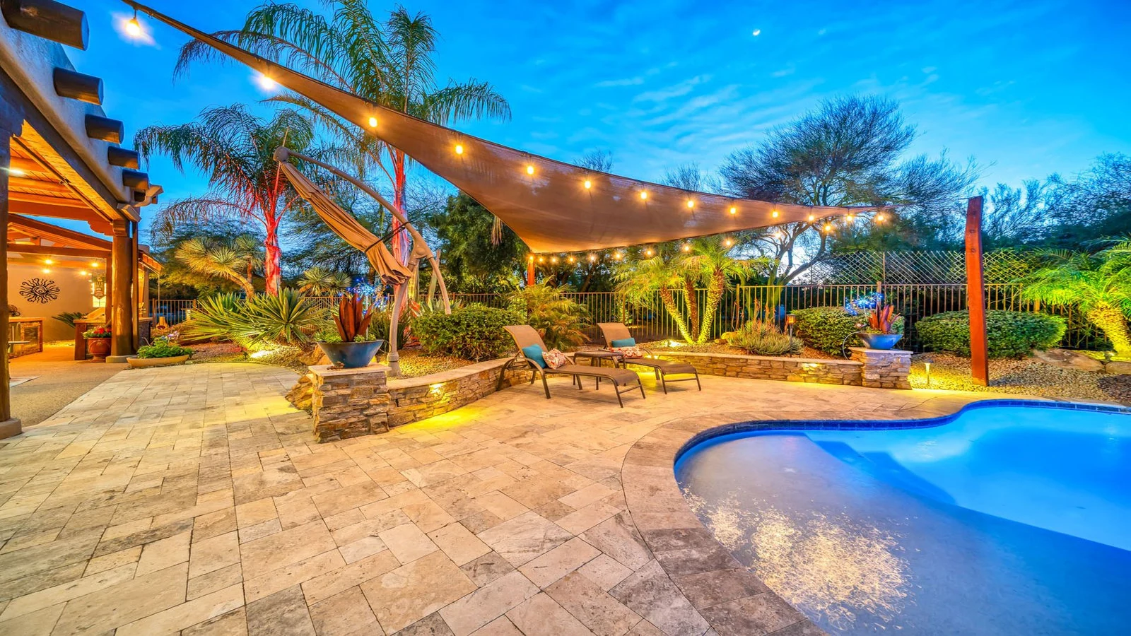 Pool string lights patio dusk real estate photography Rio Verde AZ | The Listing Bees