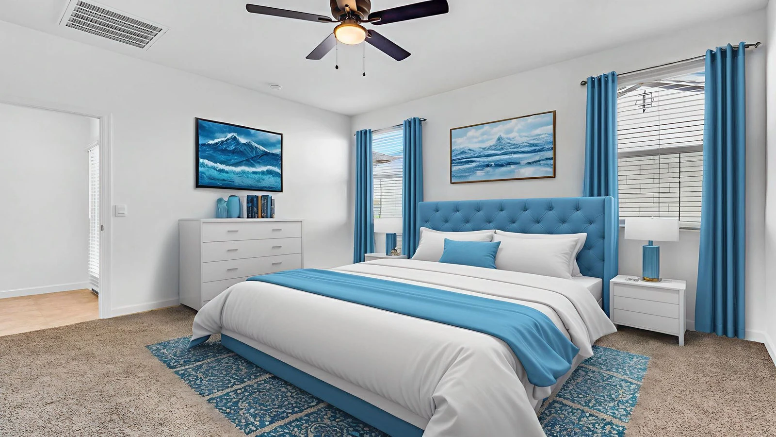 Bedroom blue tufted headboard real estate photography Apache Junction AZ | The Listing Bees