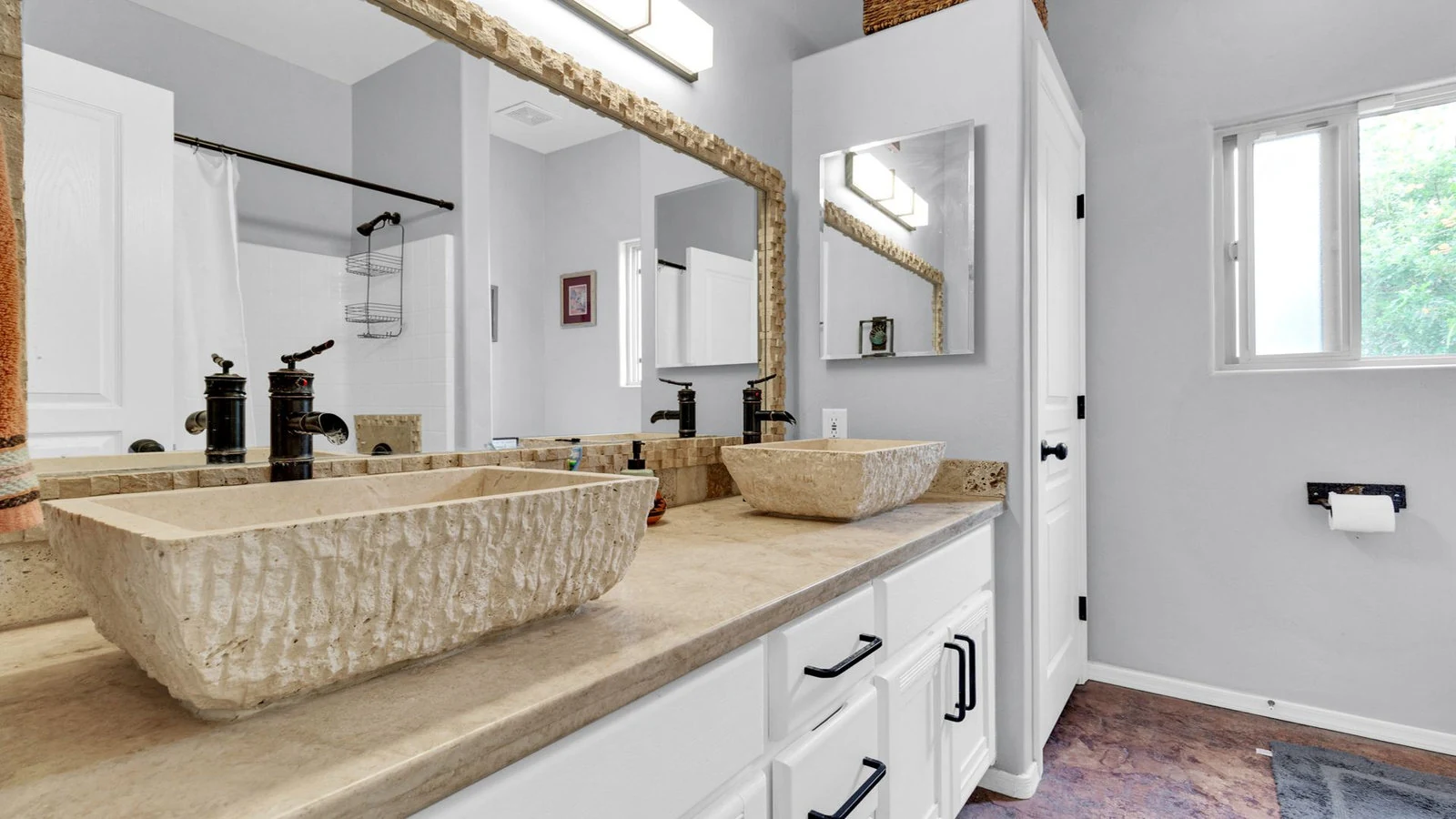 Bathroom double vanity stone sinks real estate photography Apache Junction AZ | The Listing Bees