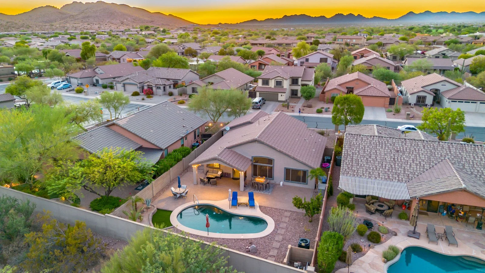 Aerial view houses Gold Canyon sunset real estate photography Gold Canyon AZ | The Listing Bees