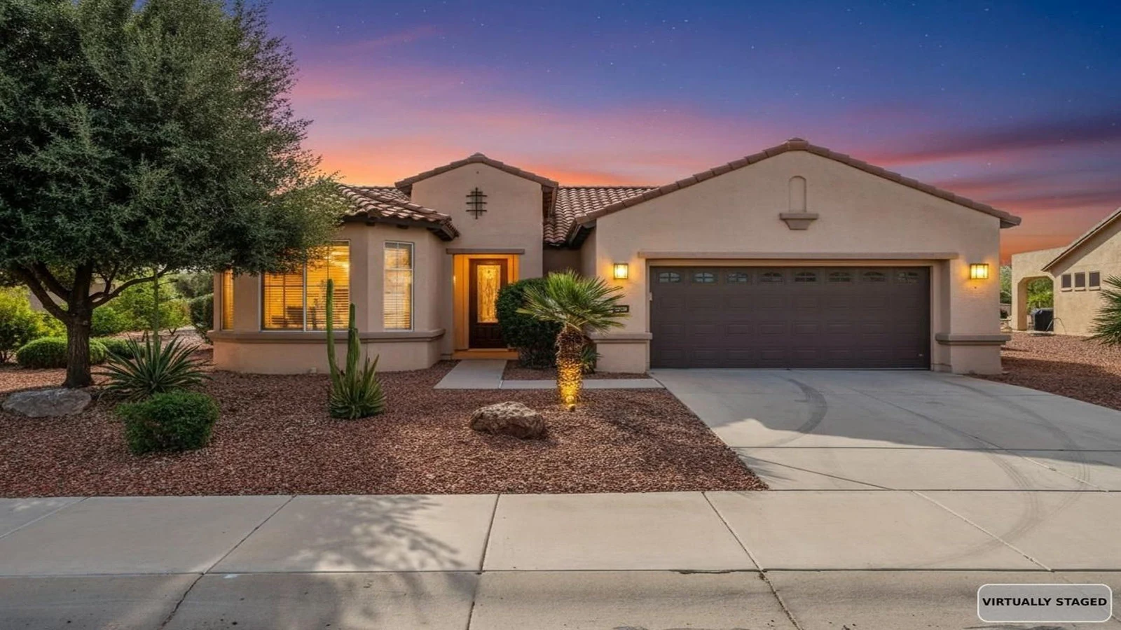Twilight front exterior of a Goodyear home, photographed for an Estrella listing