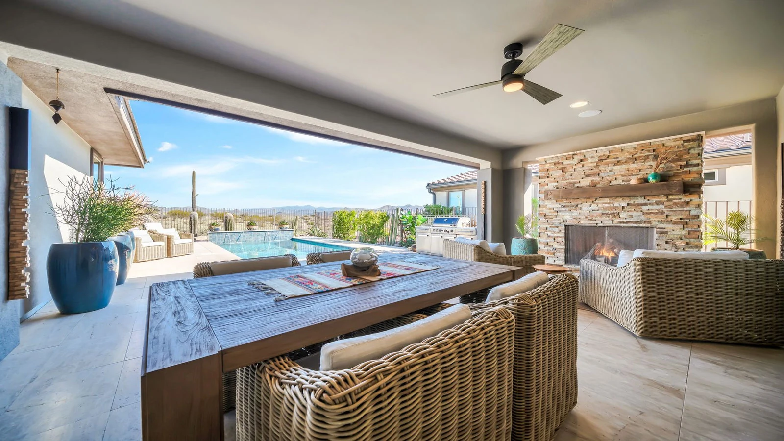 Covered patio with mountain views in a Scottsdale home, photographed for a DC Ranch listing