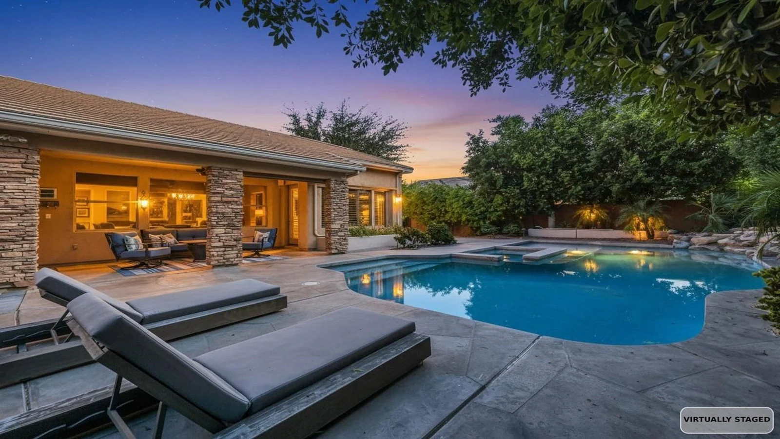 Backyard pool lounge chairs patio sunset real estate photography Tempe AZ | The Listing Bees