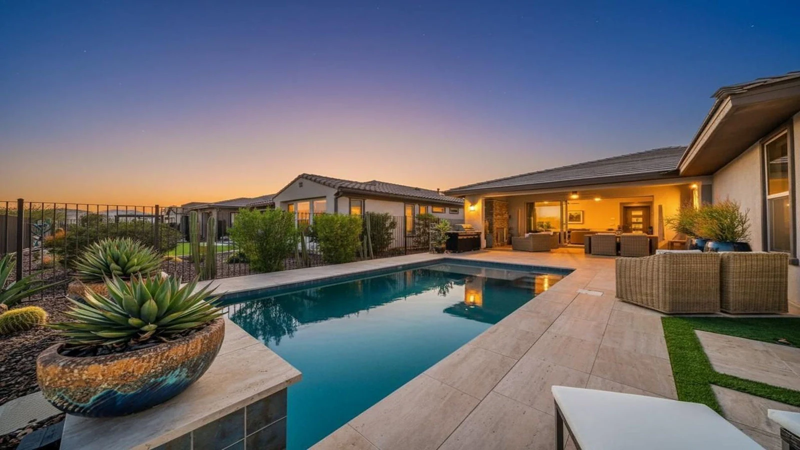 Scottsdale backyard swimming pool patio sunset real estate photography Scottsdale AZ | The Listing Bees
