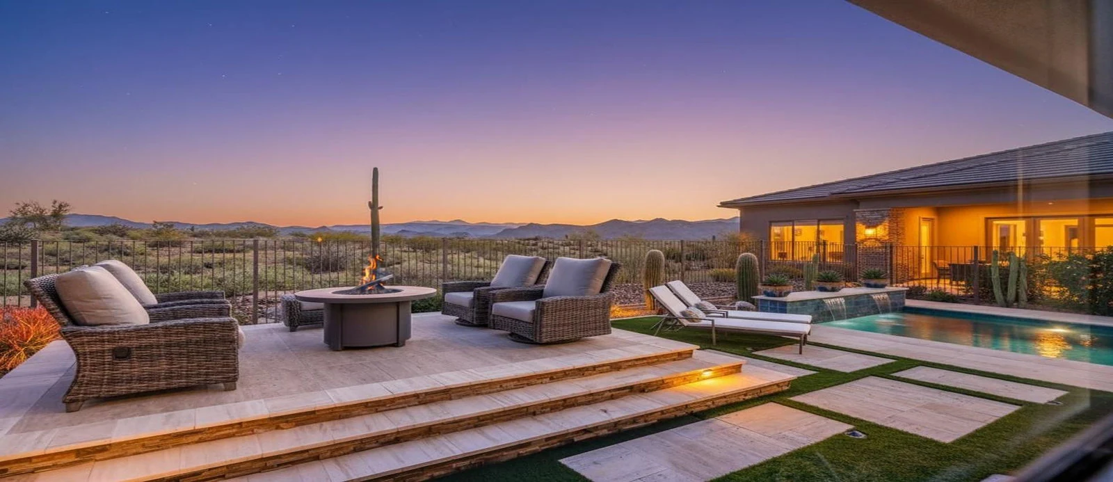 Scottsdale patio pool fire pit sunset real estate photography Scottsdale AZ | The Listing Bees