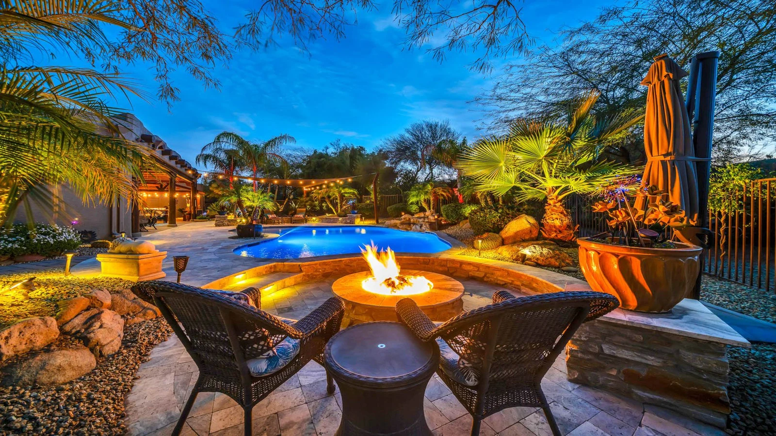 Twilight pool fire pit real estate photography Rio Verde AZ | The Listing Bees