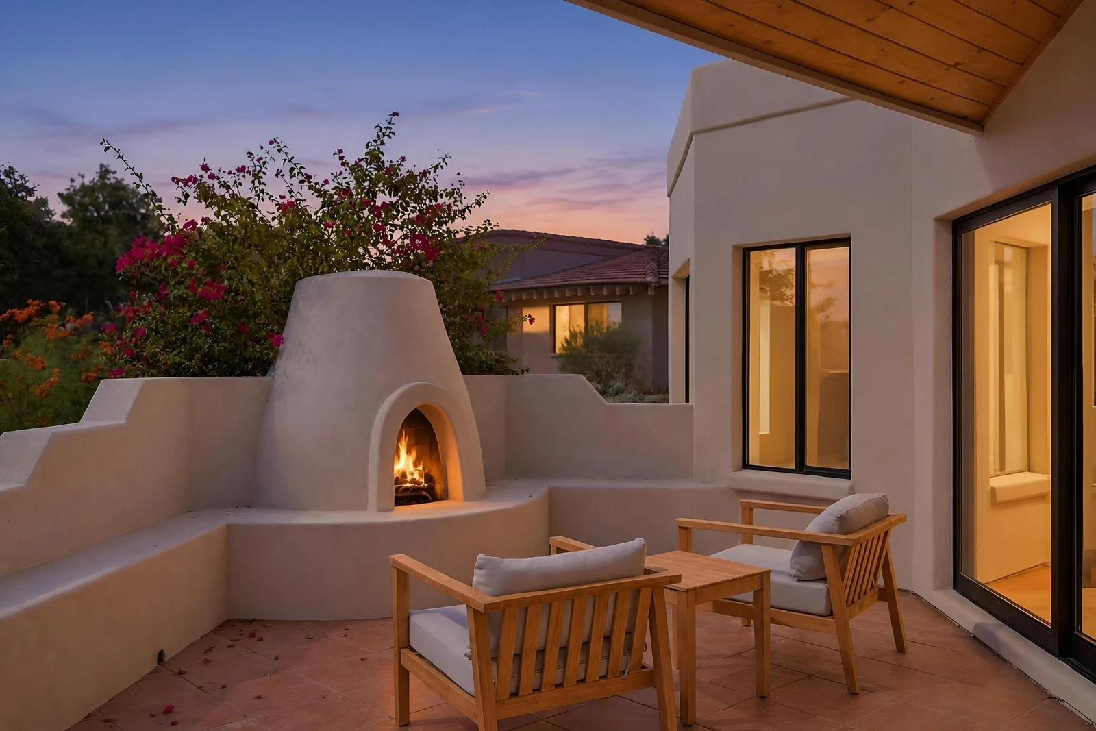 Virtual twilight of a patio with a lit kiva fireplace